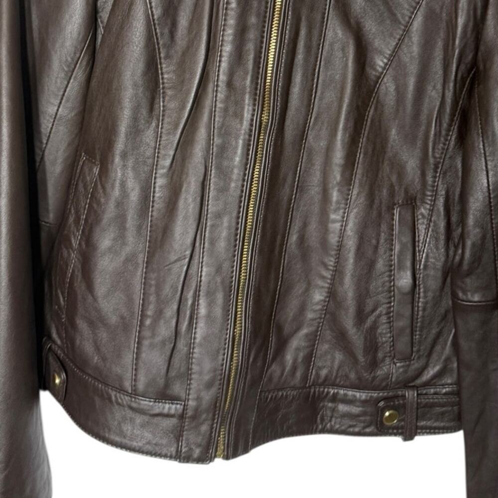 Cole Haan Lambskin Leather Moto Jacket Brown Gold Hardware Small - Picture 12 of 13